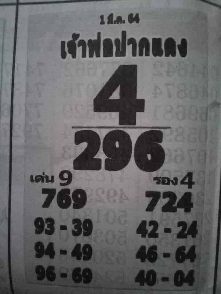 หวยเจ้าพ่อปากแดง ในงวดวันที่ 1 มีนาคม 2564