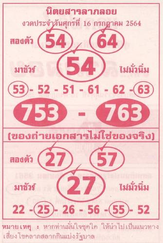 เลขลาภลอย16/7/64