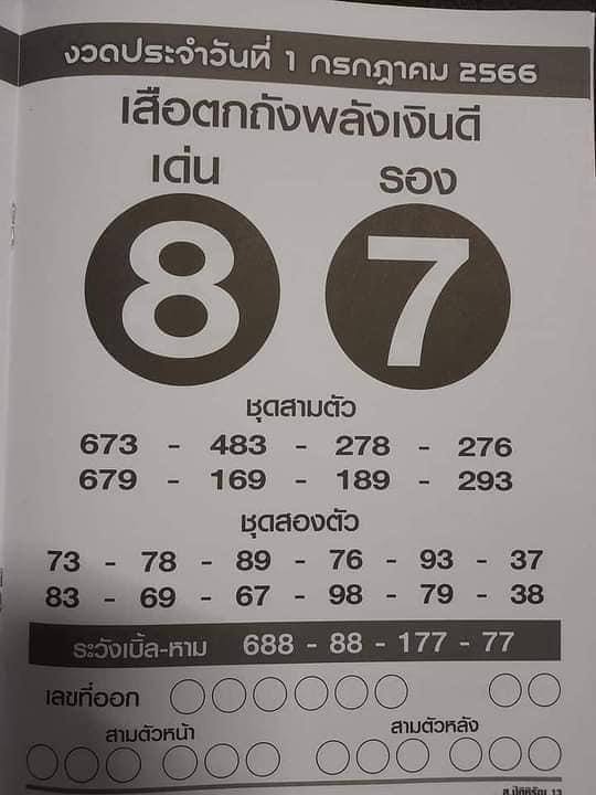 เลขเด็ดเสือตกถังพลังเงินดี กรกฎาคม 2566